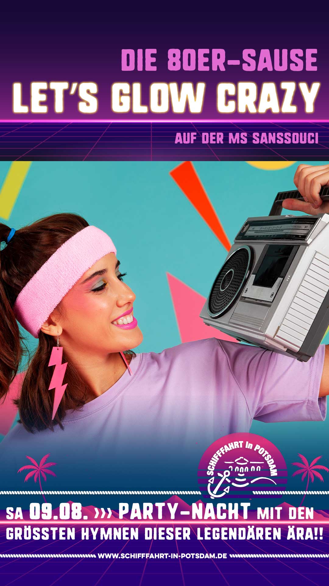 Let’s Glow Crazy Die 80er-Sause Die Party-Nacht mit den größten Hymnen dieser legendären Ära! Sa Sa 09.08. 18:30 - 22:00 Uhr Begrüßungsgetränk Aperol Spritz